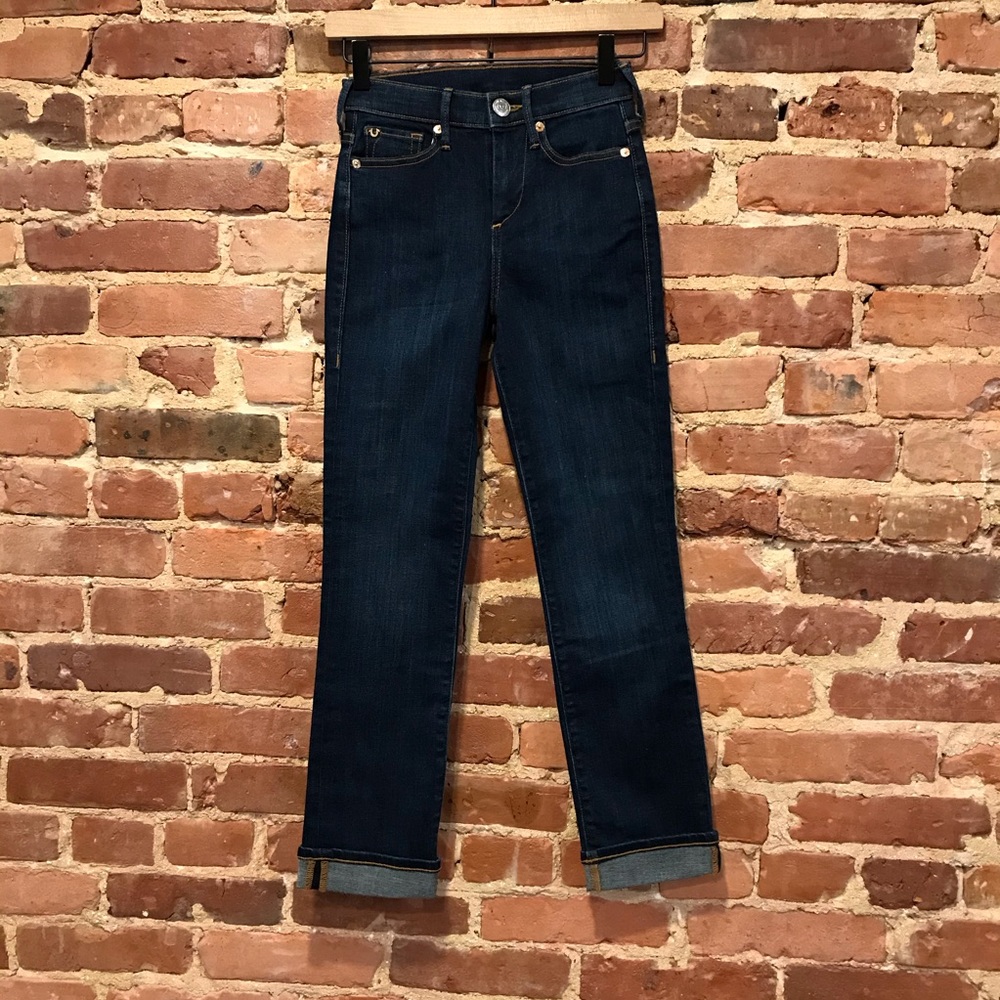 True Religion Cora High Rise Straight Crop Cropped Cuff Jeans Size 23 Dark Wash